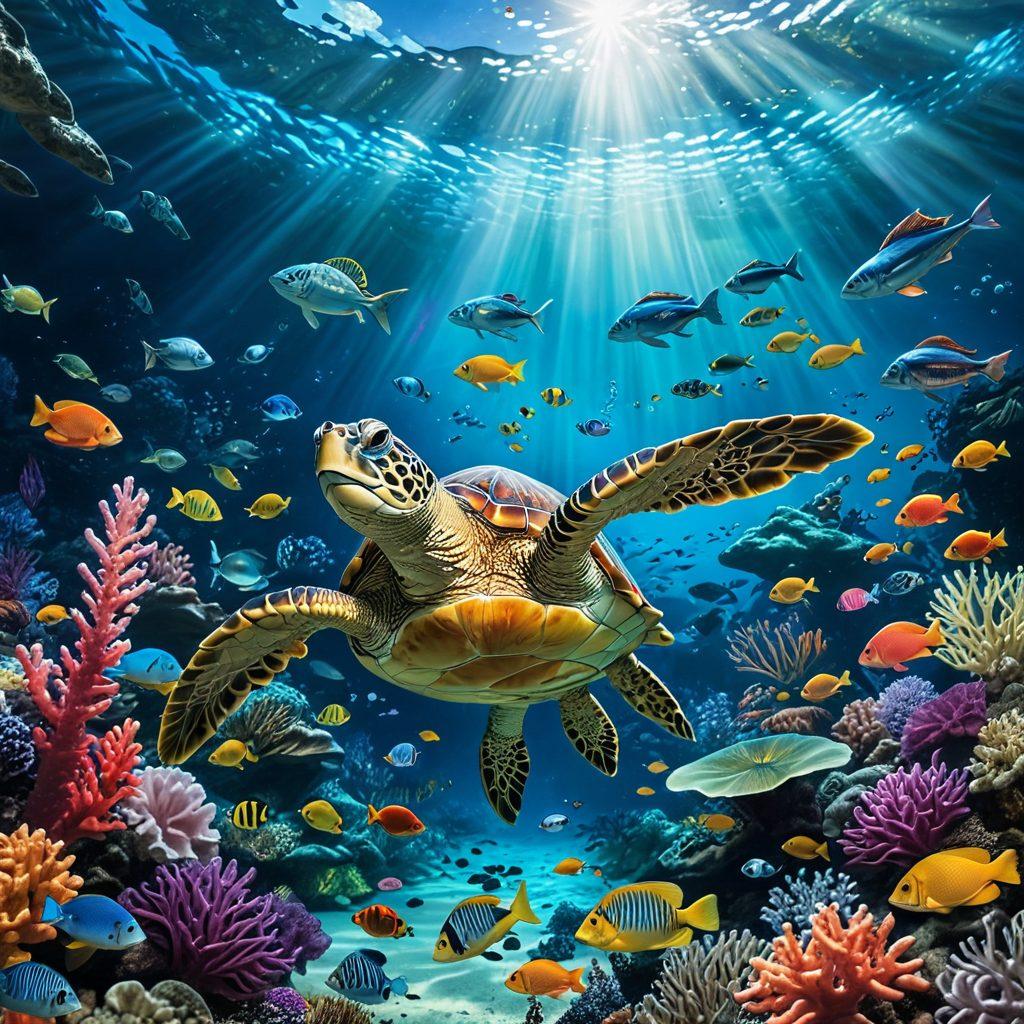 An intricate underwater scene depicting various sea creatures representing different insurance plans, such as a wise turtle symbolizing long-term coverage and a colorful fish for health insurance. Bubbles rising from the ocean floor illustrate the benefits, each bubble containing icons of security and peace of mind. The light filtering through the water creates a tranquil ambiance, enticing readers to explore. vibrant colors. super-realistic. underwater theme.