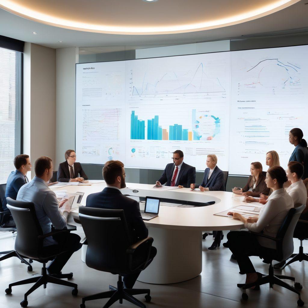 A professional office scene featuring diverse individuals engaged in a strategic meeting, with charts and graphs illustrating risk assessment processes on a screen. Symbols of protection like shields and locks subtly integrated into the background. The atmosphere is collaborative and focused, representing effective management and liability strategies. Soft, warm lighting creating an inviting environment. super-realistic. vibrant colors. white background.