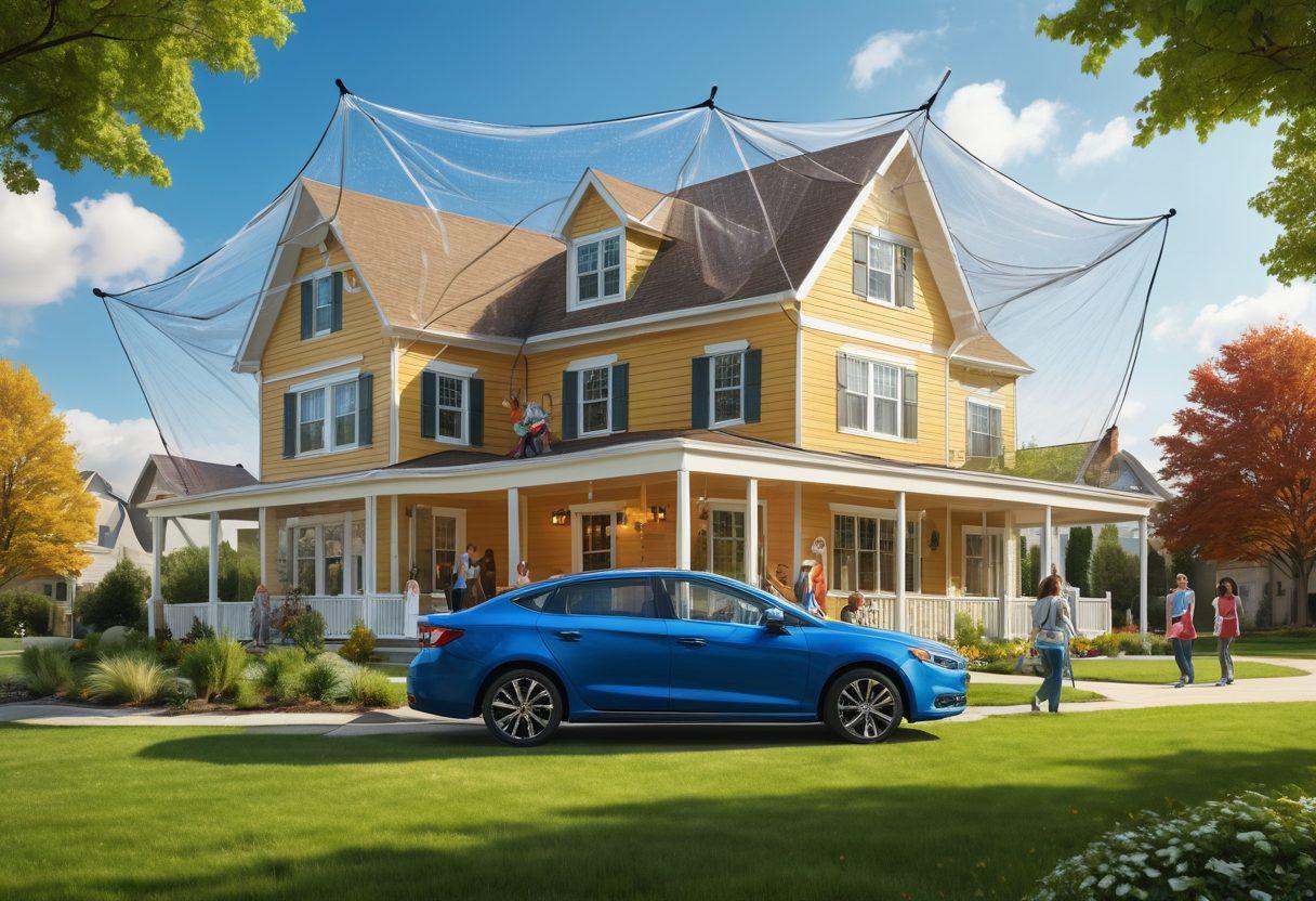 A diverse group of people happily engaging in activities under a large, protective safety net, symbolizing comprehensive insurance coverage. Include imagery of various insurance symbols like a house, car, and medical symbols floating in the background. The setting is bright and optimistic, showcasing a blue sky and green grass, emphasizing safety and security. Use a warm color palette to evoke feelings of trust and protection. super-realistic. vibrant colors.